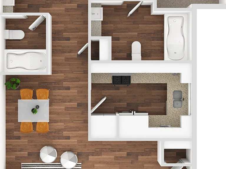3D Furnished Two-Bedroom, Two-Bathroom Floor Plan Image 3D Furnished Two-Bedroom, Two-Bathroom Floor Plan Image
