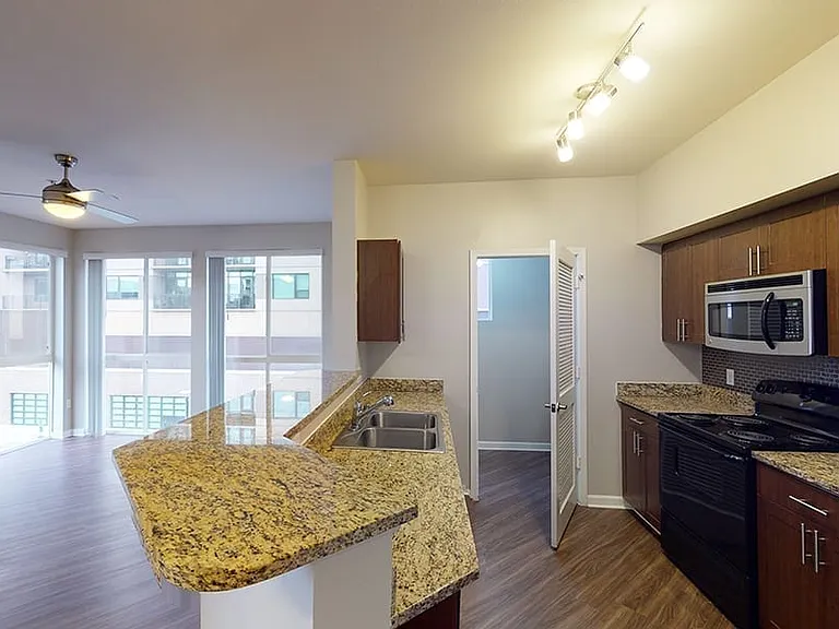 Apartment kitchen with granite countertops and wood-style flooring.