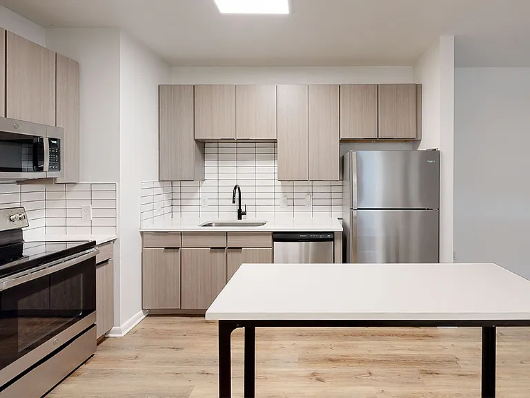 Apartment kitchen with stainless steel appliances, quartz countertops and wood-style flooring.