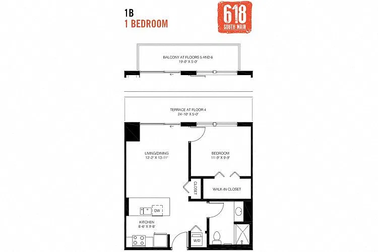 Floor plan 1 Bedroom 1 Bath 621 sq. ft.
