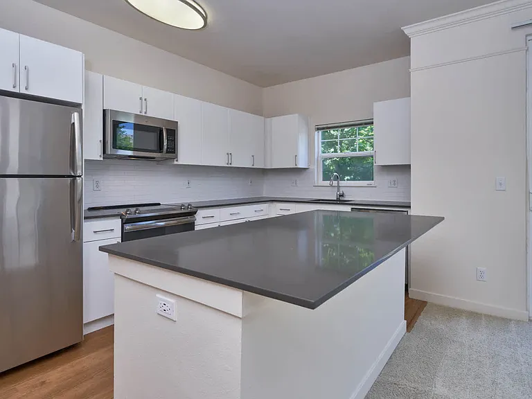 Kitchen with Stainless Steel Appliances and Balcony
