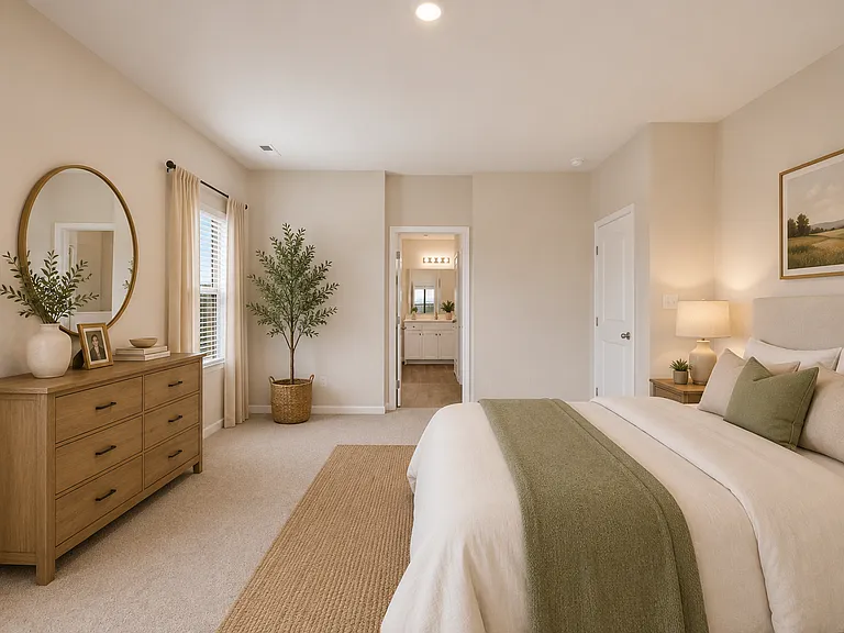 Virtually staged primary with large ensuite bathroom, dual closets and vanities.