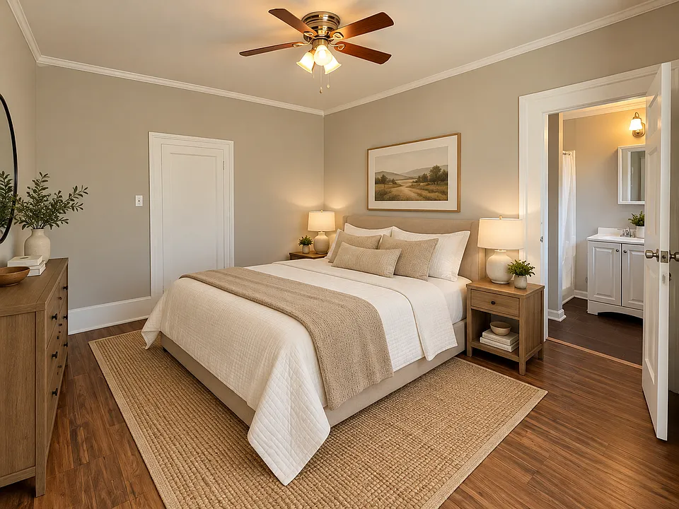 Bedroom with a ceiling fan and access to the bathroom. Virtually staged; furniture and decorative items are not included.
