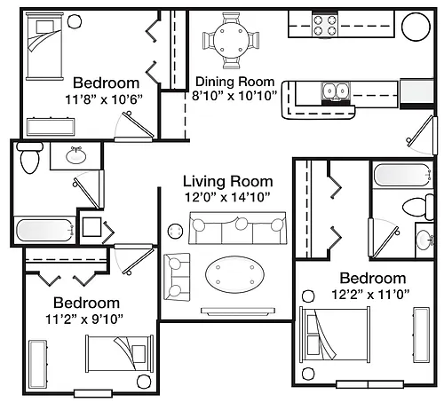Floor plan 3 Bedroom 2 Bath