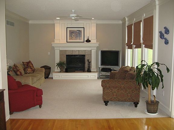 Bright family room with cozy fireplace
