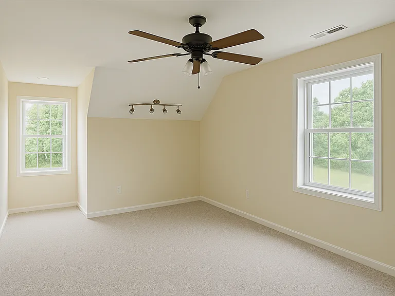 Large office upstairs with plenty of natural light. Windows are overlooking the garden.