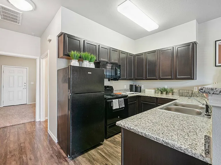 Enjoy cooking in this modern, fully equipped kitchen at Arroyo Seco Villas in San Antonio.
