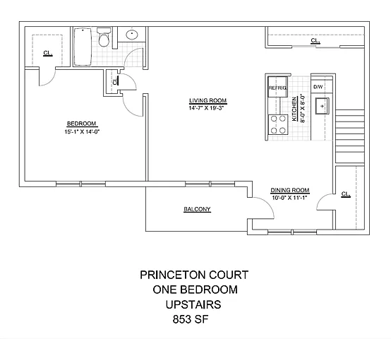 Floor plan Princeton Court- 1 Bed 1 Bath Upstairs