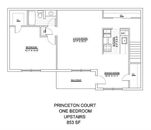 Floor plan Princeton Court- 1 Bed 1 Bath Upstairs