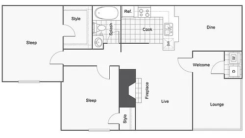 Floor plan 2 BR x 1 BA with W/D - A