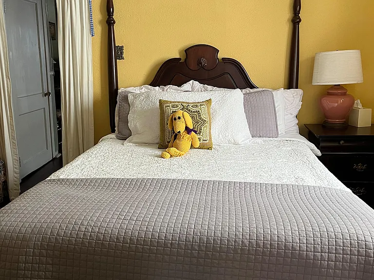 Furnished bedroom with a queen bed, decorative headboard, and nightstand with lamp, plus a curtained closet area.