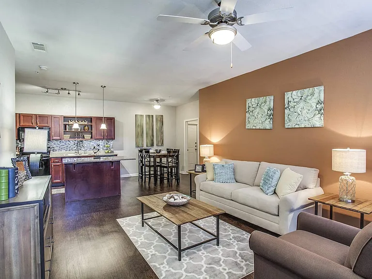 Model Unit - Open Floor Plan - Accent Wall at Overlook at Stone Oak Park Apartments, San Antonio, Texas
