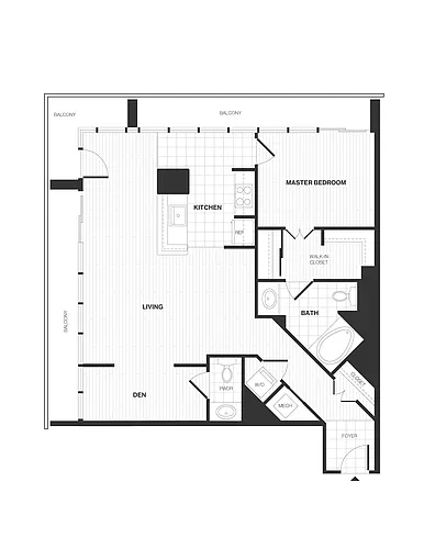 Floor plan 1 Bed/1.5 Bath with Den