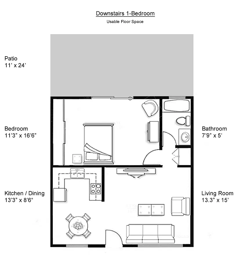 Floor plan 1 Bedroom ground floor with patio yard