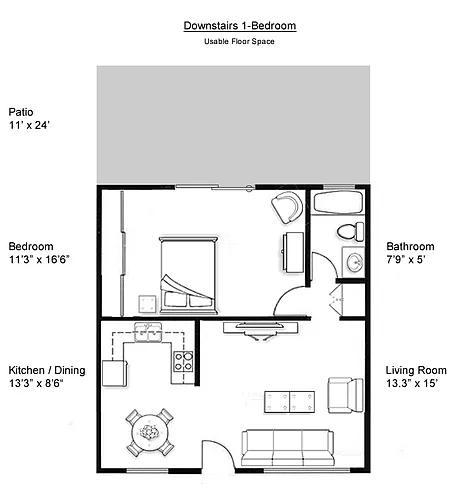 Floor plan 1 Bedroom ground floor with patio yard