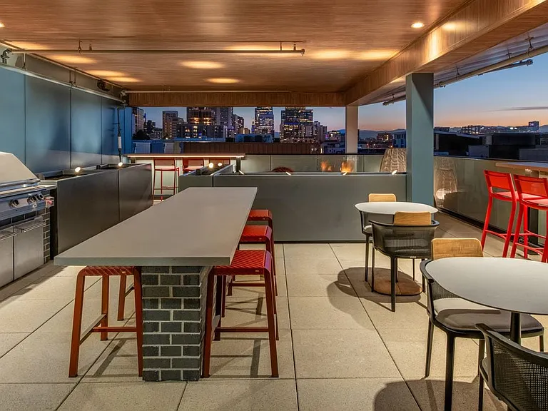 Rooftop lounge with bbq grills, fireplace and seating