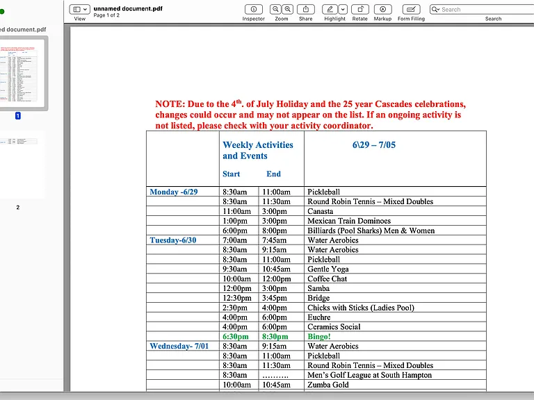 Sample list of weekly group activities at Cascades