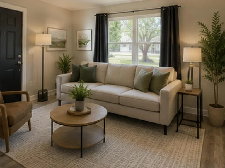 Welcoming living room with a spacious sofa seating area, side tables, and a large window with curtains for natural light.