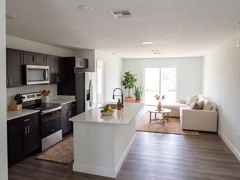 Open-concept kitchen with a large island, stainless appliances, and seamless flow into the living area with patio access.