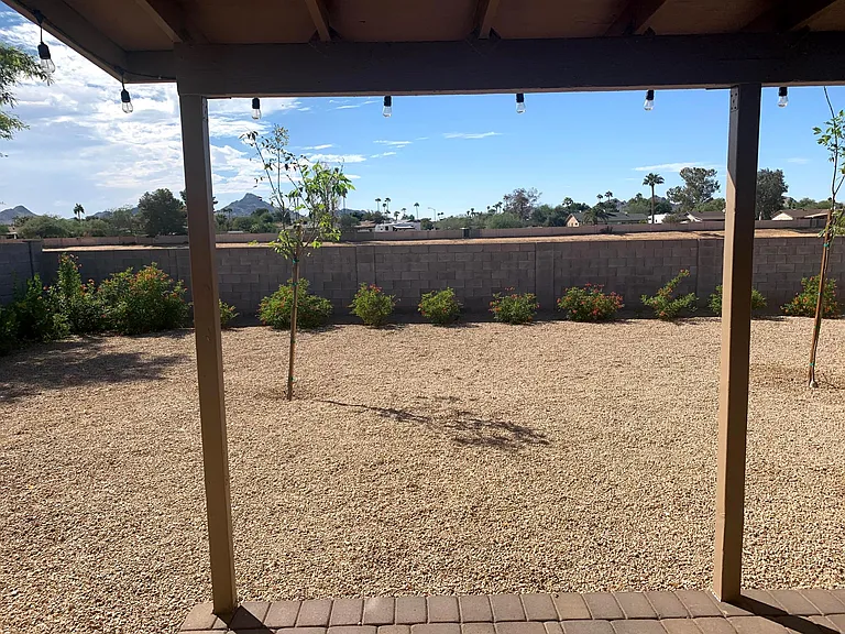 Newly landscaped back yard facing mountains