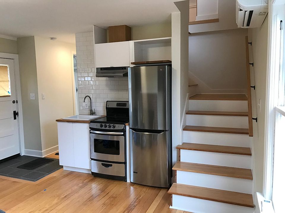 New kitchen is small but mighty with cooks amenities with ducted exhaust hood, high power range, farmhouse sink. Most tenants bring a free standing island for prep space.