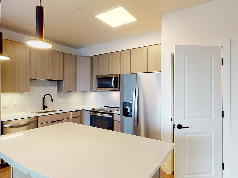 Apartment kitchen with stainless steel appliances, quartz countertops and wood-style flooring.