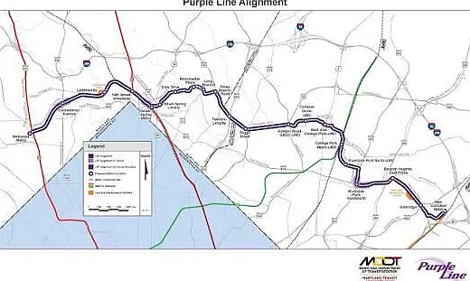 Map graphic labeled "Purple Line Alignment" with transit route lines and legend; not a property space photo.