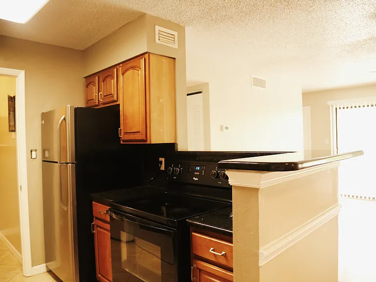 Kitchen looks out onto living room