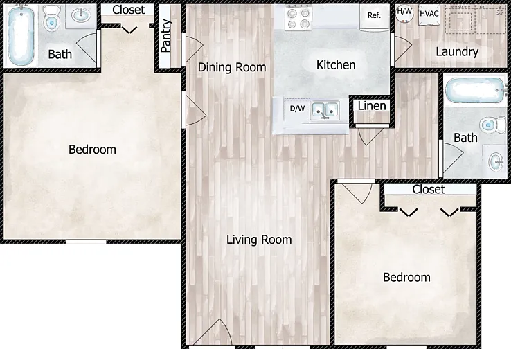 2 Bed 2 Bath Floorplan Diagram
