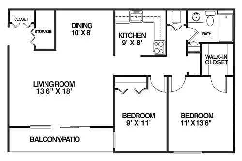 Floor plan 201-B1 - 2 Bdrm, 1 Bath