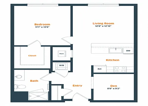 Floor plan A19D | 1 Bed | 1 Bath | Den