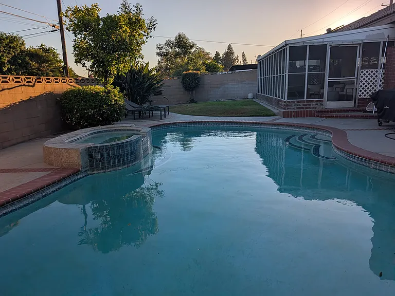 Yard with patio, pool, fruit trees and lawn