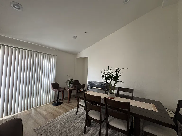 There is a fire place and has recessed lights throughout the apt.