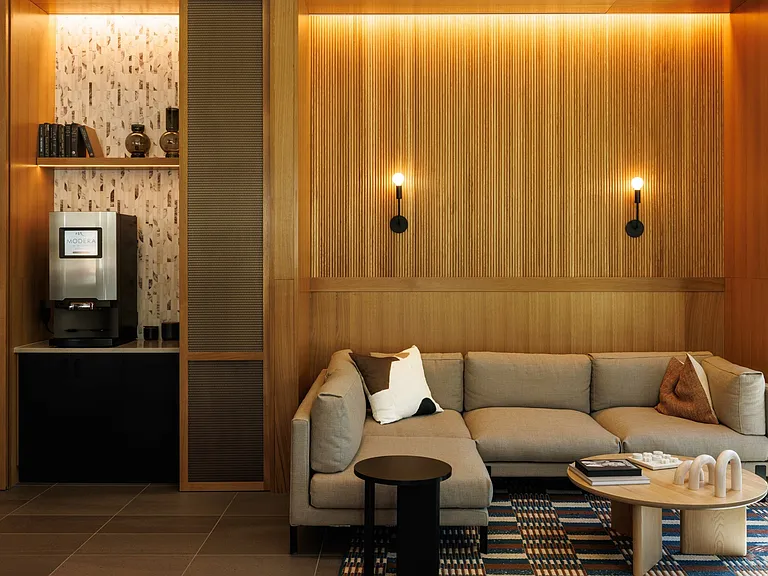 Hotel-inspired lobby with coffee bar
