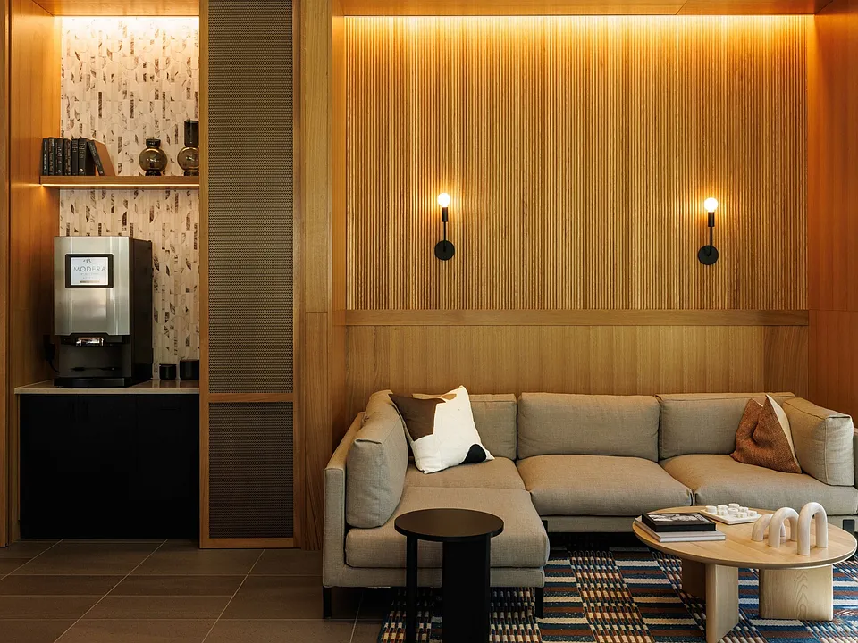 Hotel-inspired lobby with coffee bar