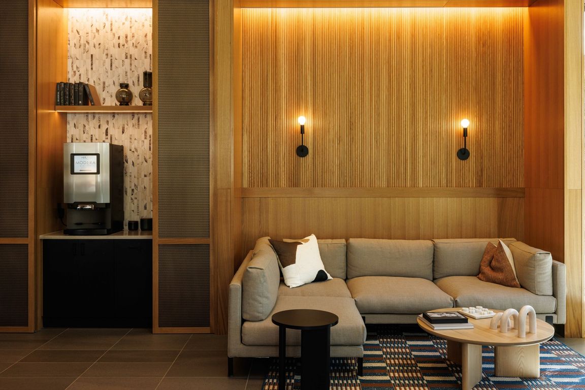 Hotel-inspired lobby with coffee bar