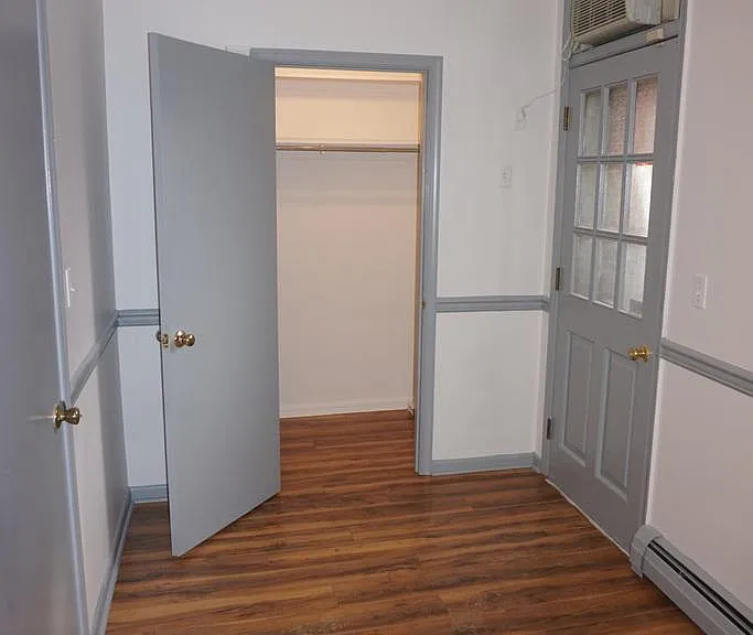 Back of the bedroom, looking into the closet, back door on right.