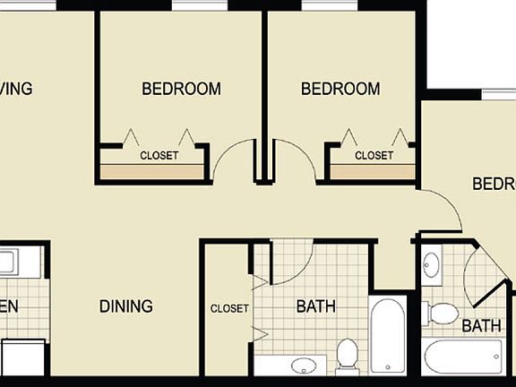 Chic 3-bedroom floor plan highlighting a spacious living room, modern kitchen, comfortable dining area, and two elegant bathrooms. Chic 3-bedroom floor plan highlighting a spacious living room, modern kitchen, comfortable dining area, and two elegant bath