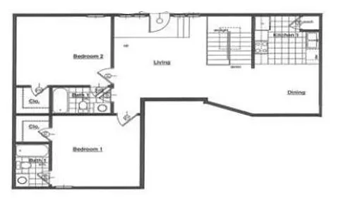 Floor plan 2 Bedroom 2 Bath - 1100 SqFt