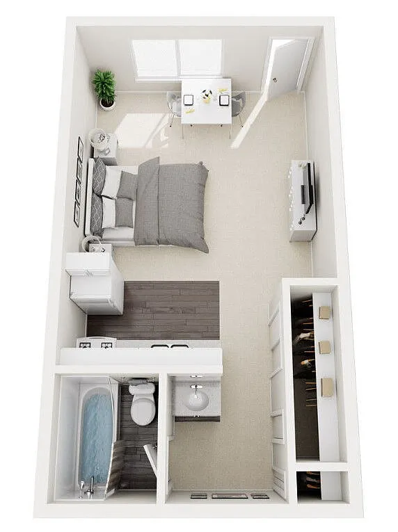 Floor plan Studio, One Bath, Utilities
