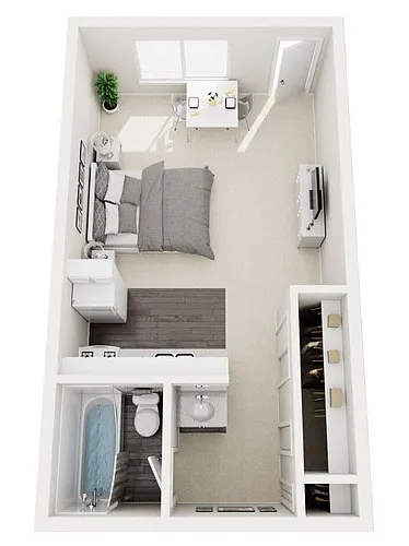 Floor plan Studio, One Bath, Utilities