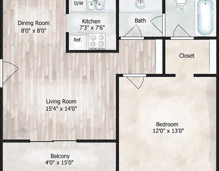 1 Bed 1 Bath Floorplan Diagram