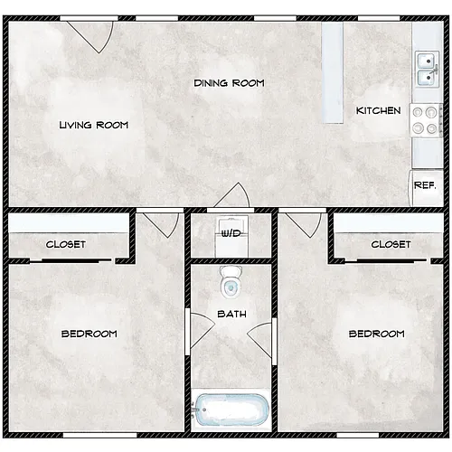 Floor plan 2 Bed - 1 Bath