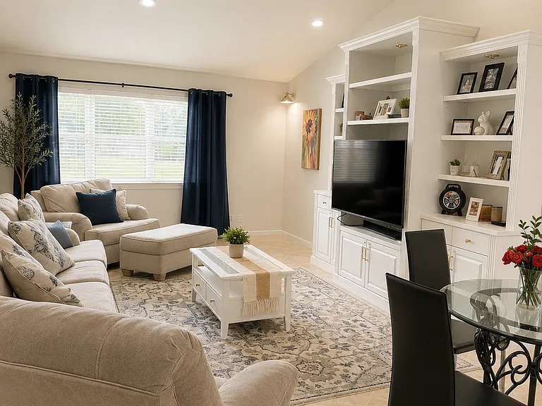 Cozy modern living room with greenery