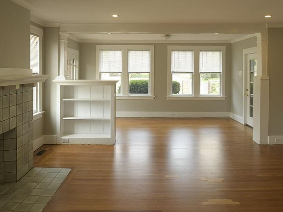 View of the Living Room from the Kitchen. Built-in bookcase 