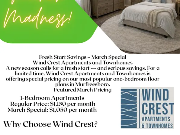 Wind Crest Apartments and Townhomes MARCH MADNESS! SPECIALS AVAILABLE!