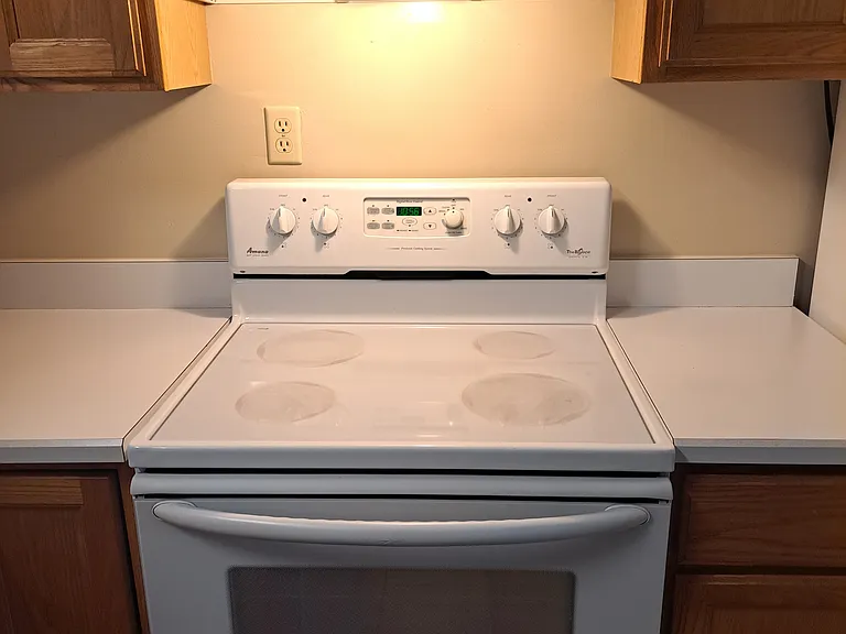 Range has smooth top surface and large sized oven.