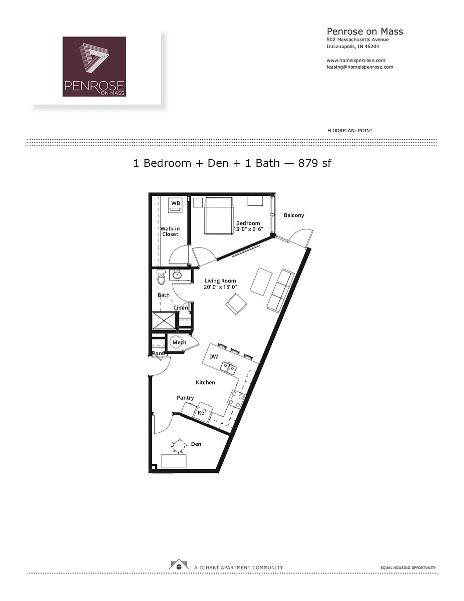 Floor plan 1BR/1B J Courtyard Balcony + Den (shower/balc)