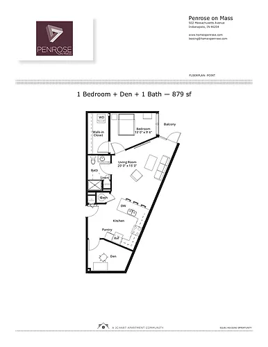 Floor plan 1BR/1B J Courtyard Balcony + Den (shower/balc)