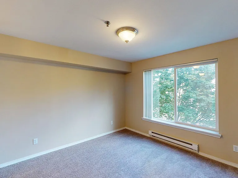 Spacious apartment bedroom with plush carpet flooring.